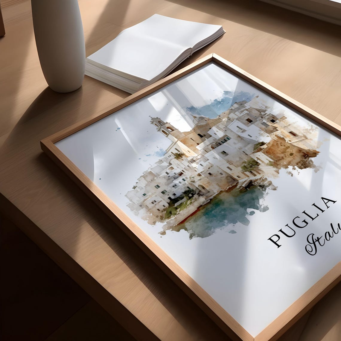 Puglia Italy Whitewashed Hilltop Old Town Coast Watercolor Poster - Image 5