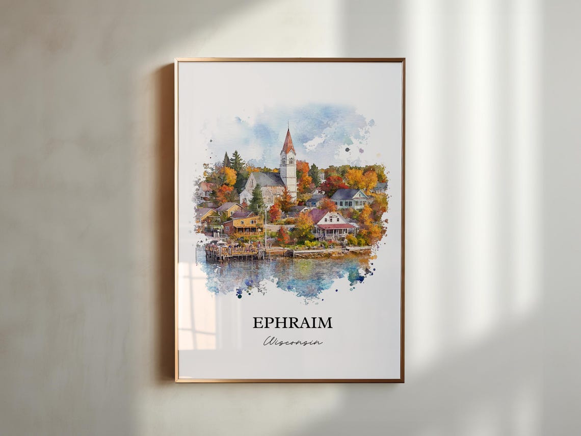 Ephraim Wisconsin Watercolor Autumn Waterfront Village Poster - Image 2