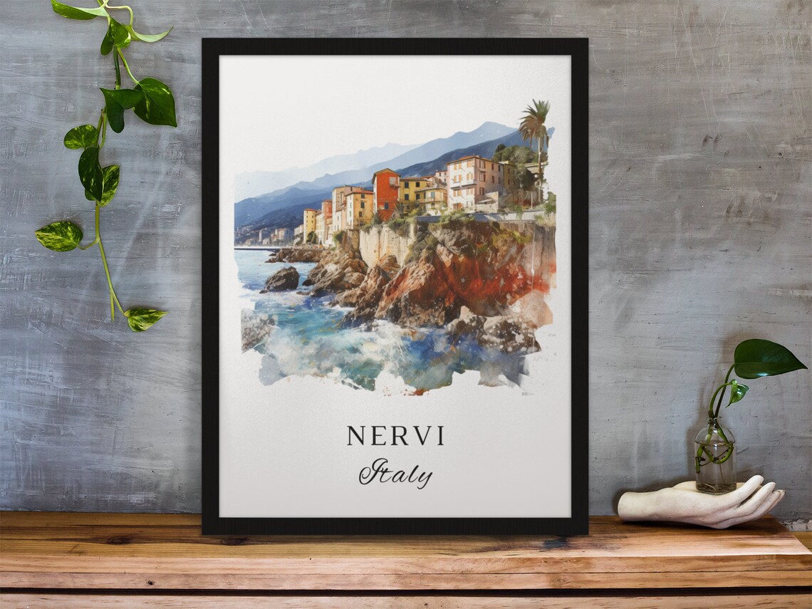 Nervi Italy Riviera Coast Colorful Cliffside Town Watercolor Poster - Image 3