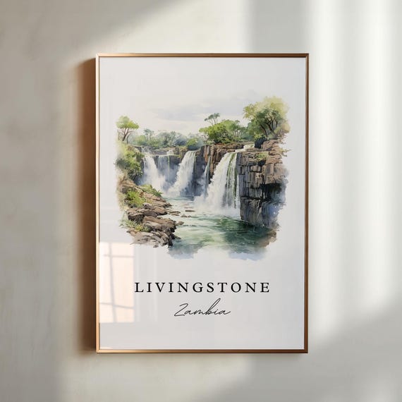 Livingstone Zambia Watercolor Of Victoria Falls Cascading Cliffs Poster