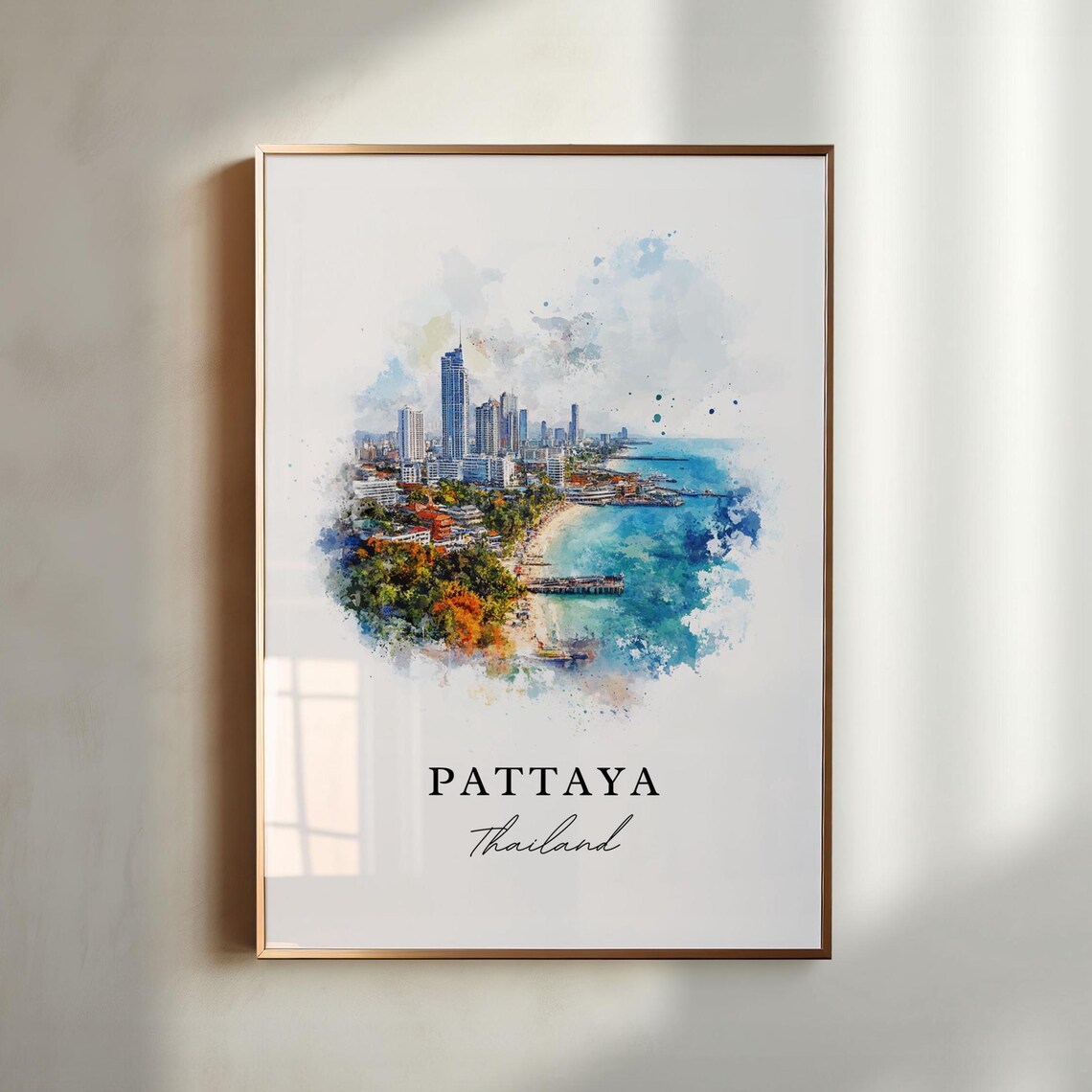 Pattaya Thailand Watercolor Beach Coast City Skyline Travel Poster