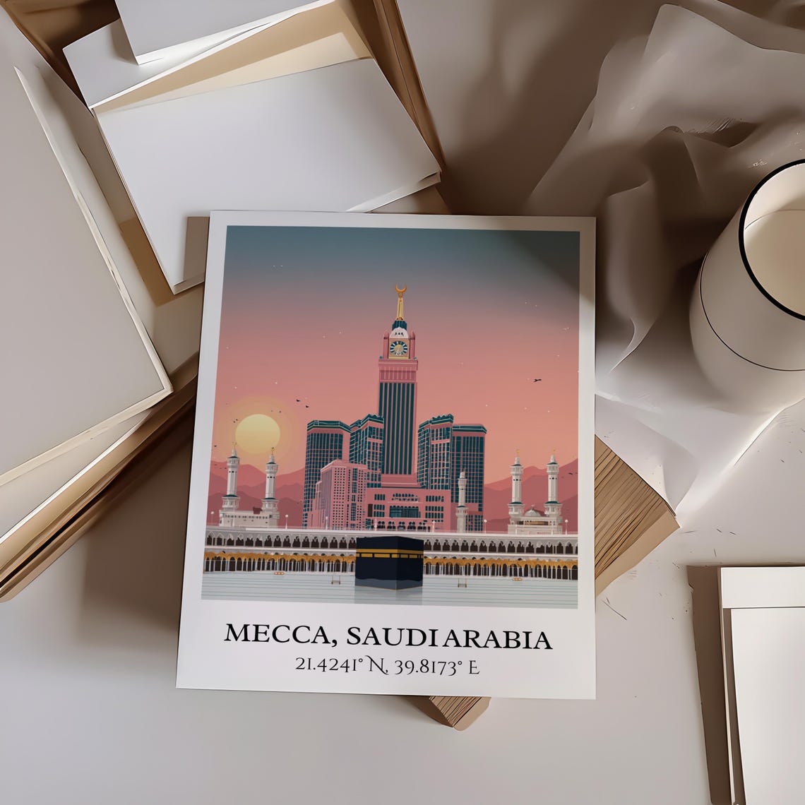 Mecca Saudi Arabia Kaaba Clock Tower Sunset Retro Travel Art Poster - Image 2