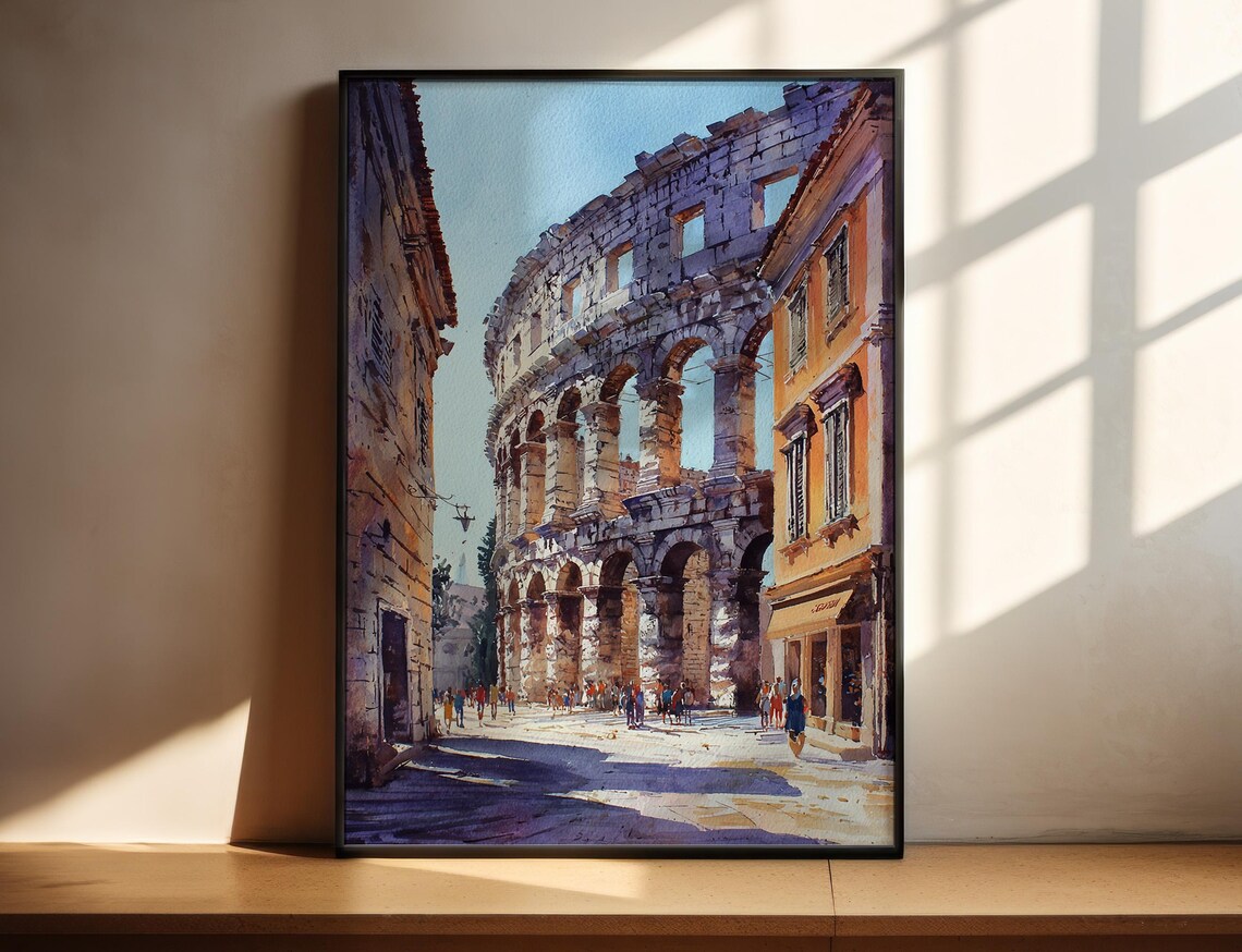 Pula Arena Croatia Roman Amphitheater Watercolor Travel Poster