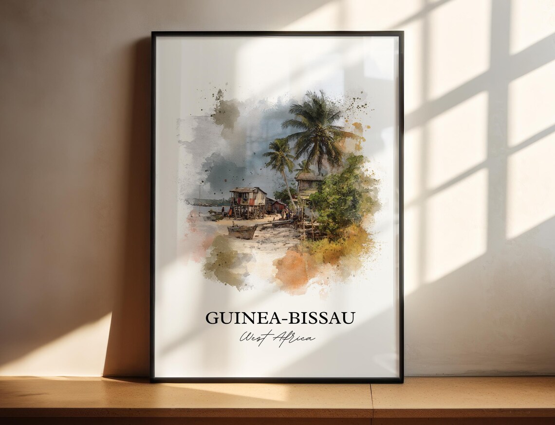 Guinea Bissau West Africa Coastal Fishing Village Watercolor Poster