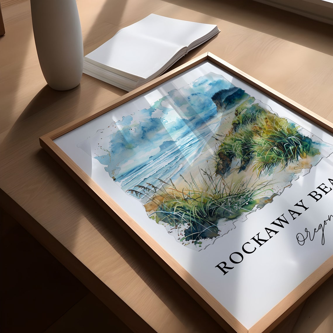 Rockaway Beach Oregon Watercolor Sandy Dunes Ocean Scene Poster - Image 5