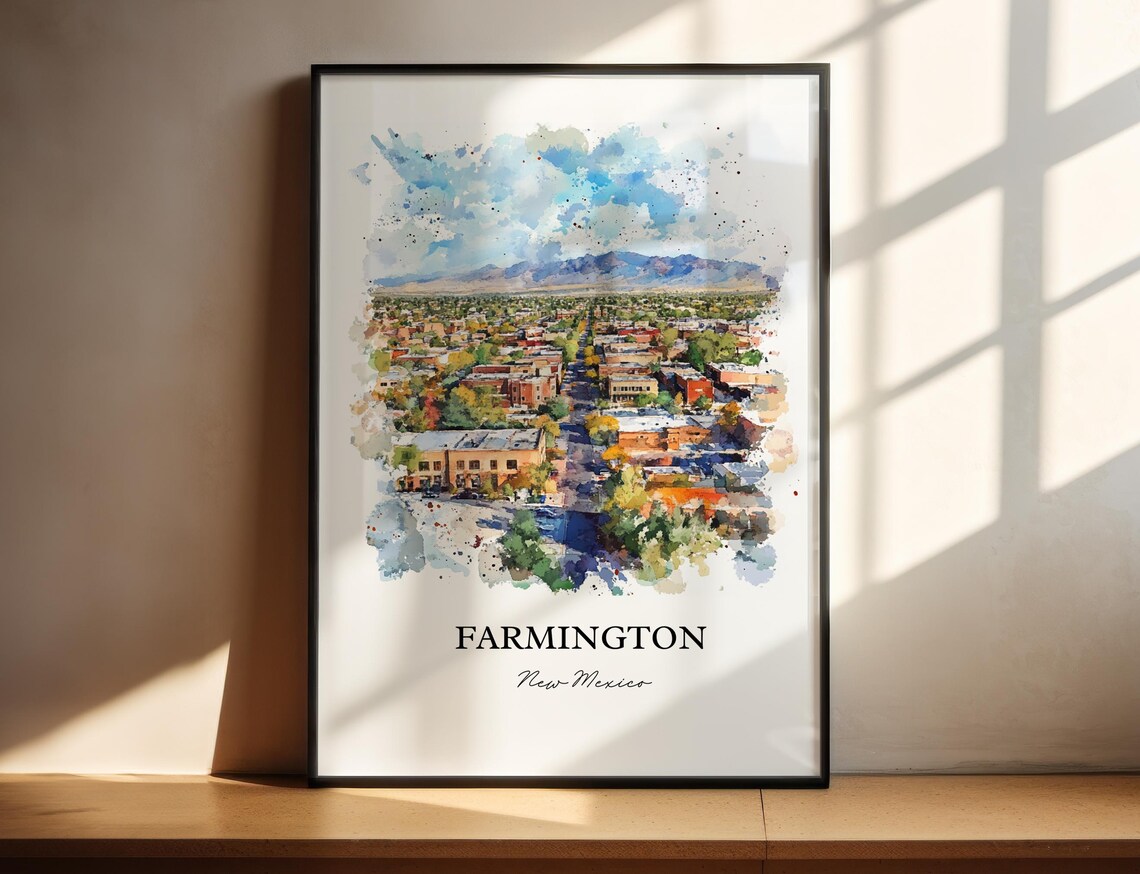 Farmington New Mexico Watercolor Cityscape Mountain View Travel Poster
