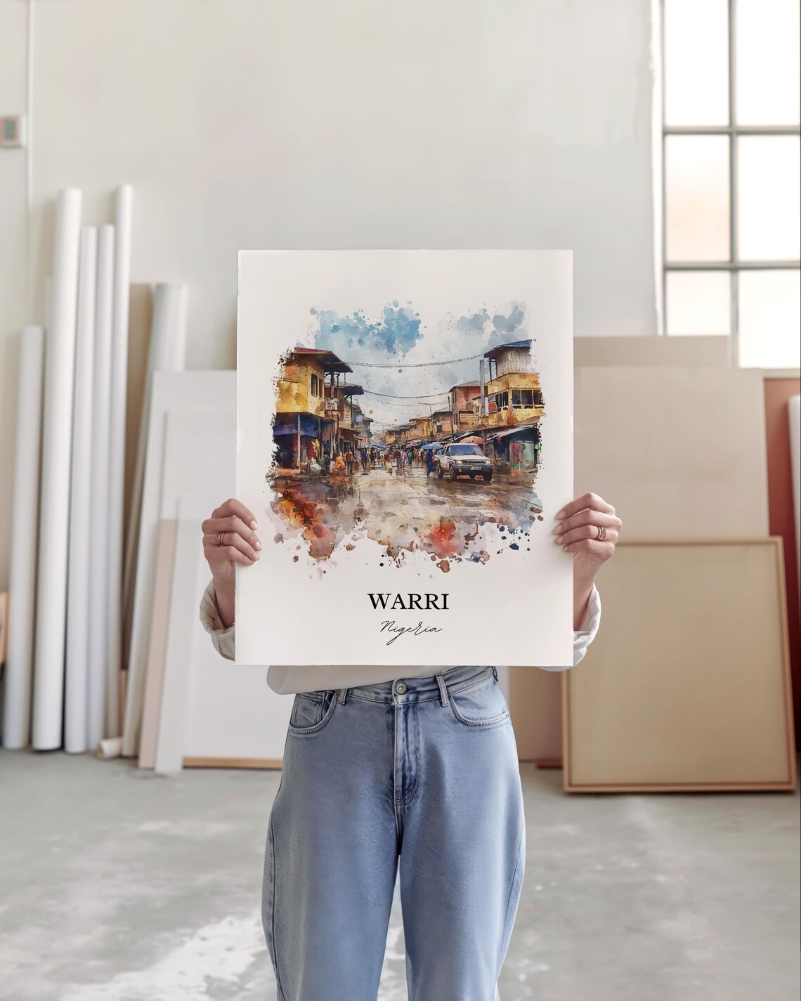 Warri Nigeria Watercolor Busy Market Street Scene Art Poster - Image 5