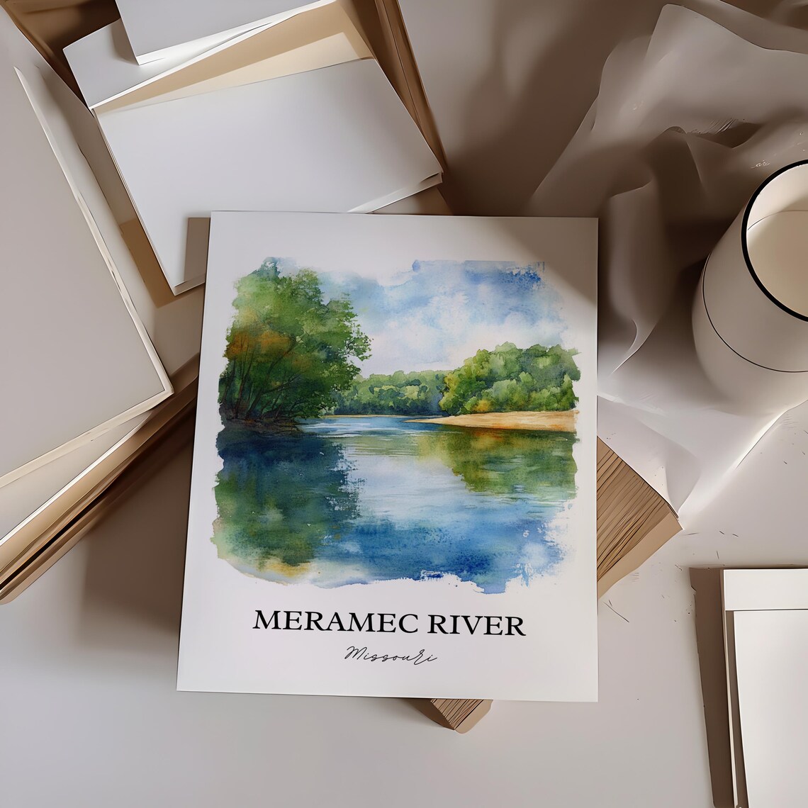 Meramec River Missouri Calm Water Bend Watercolor Nature Art Poster - Image 3