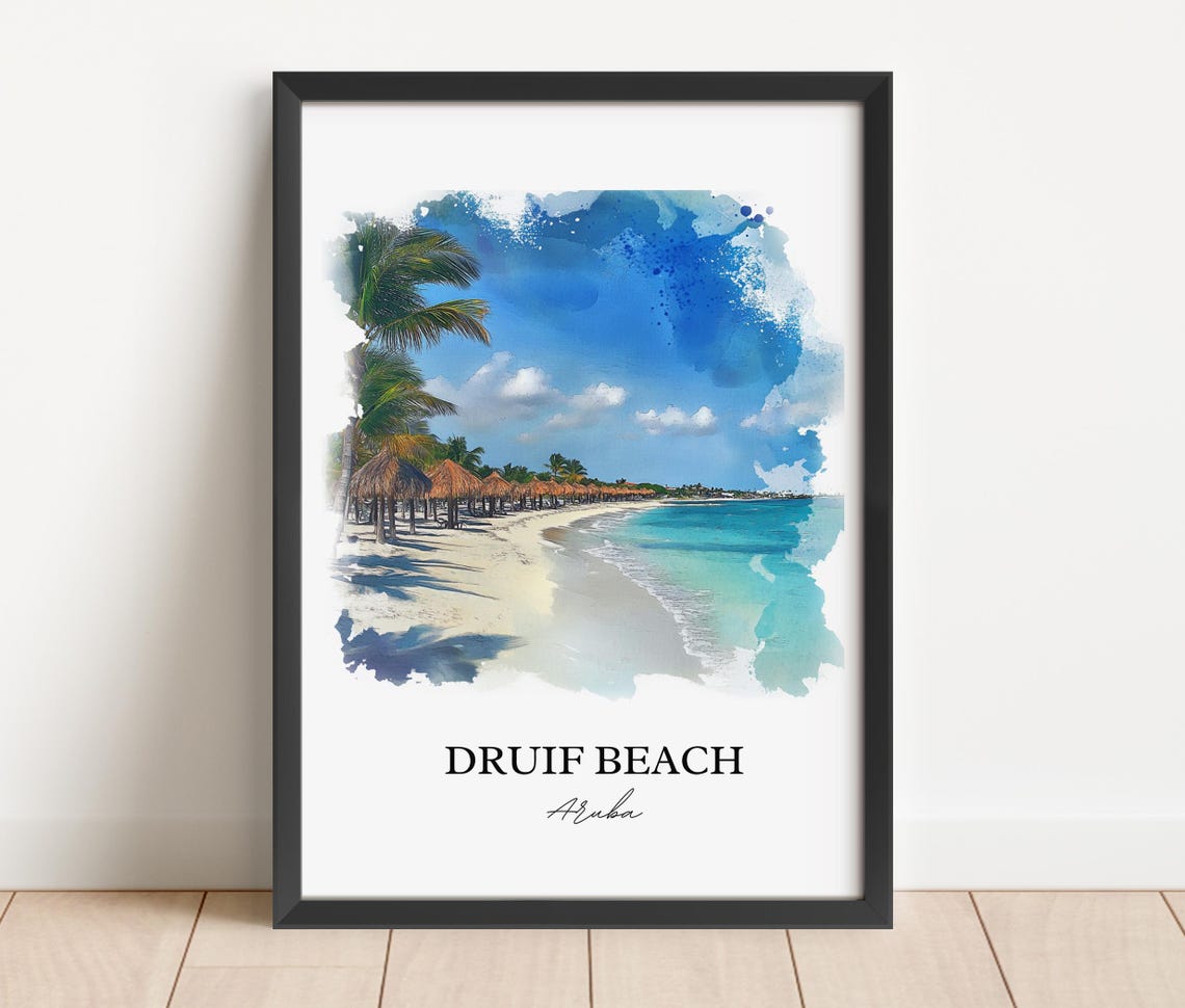 Druif Beach Aruba Watercolor White Sand Palapa Shore Art Poster - Image 3
