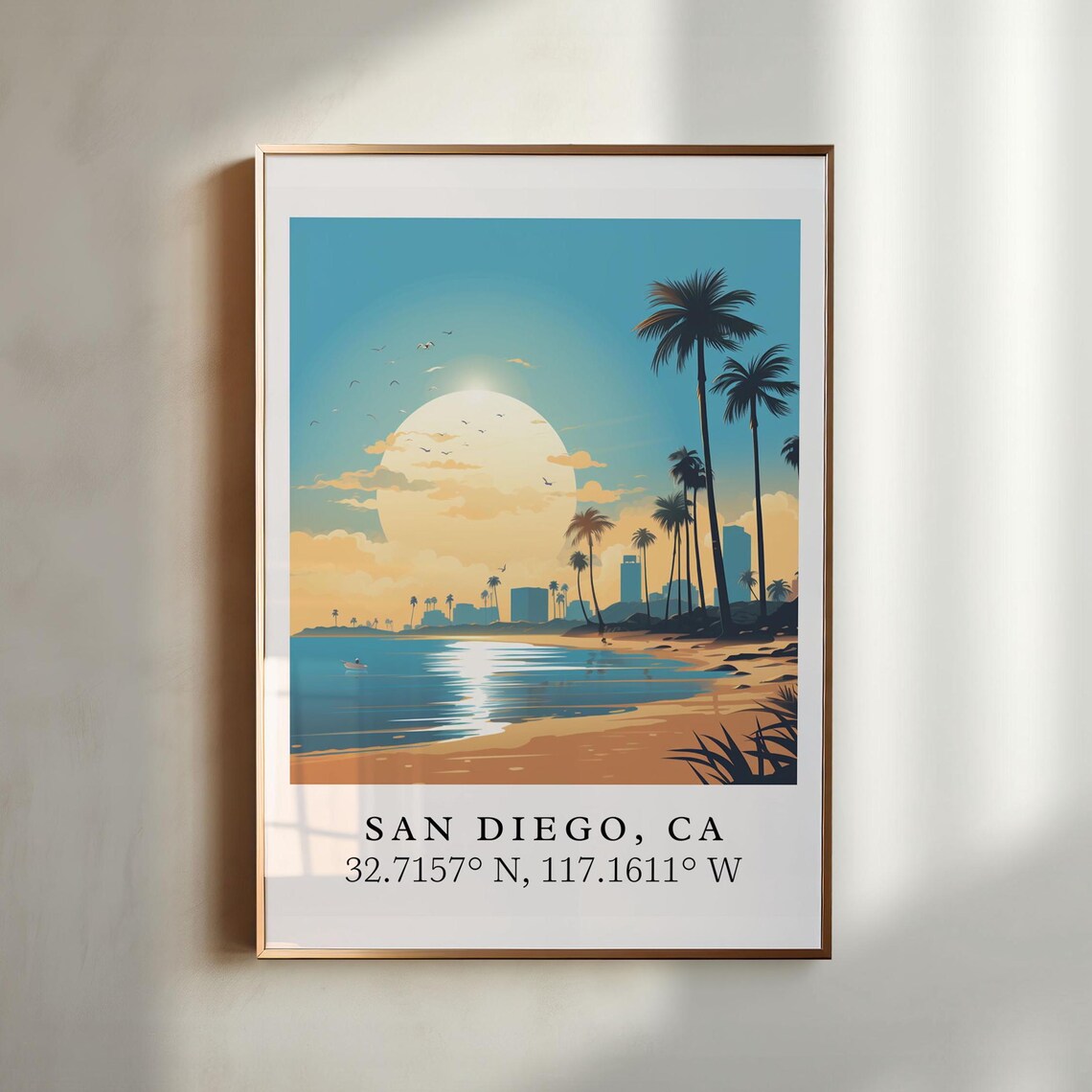 San Diego California Retro Sunset Beach Palm Skyline Art Print
