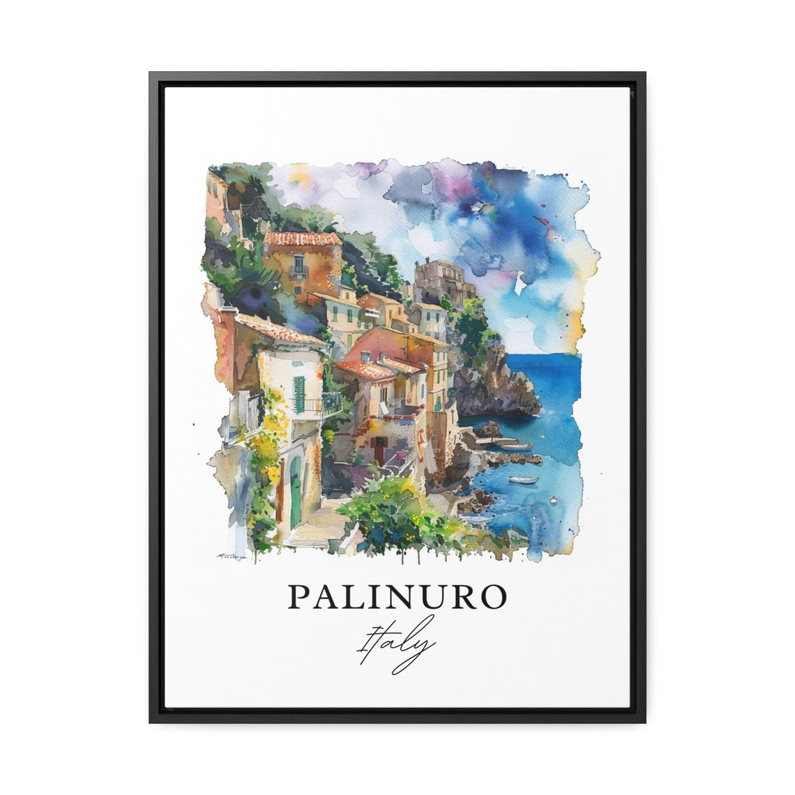 Palinuro Italy Cliffside Coastal Village Watercolor Sea Poster - Image 3
