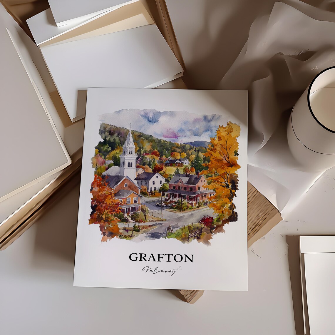 Grafton Vermont Village Church Autumn Foliage Watercolor Travel Poster - Image 3