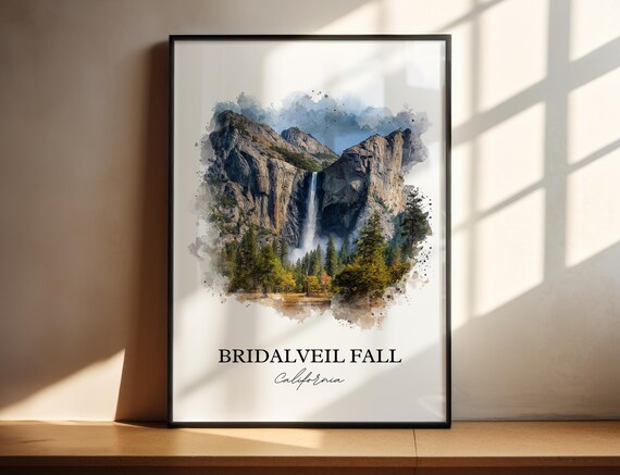 Bridalveil Fall Yosemite California Waterfall Watercolor Travel Poster