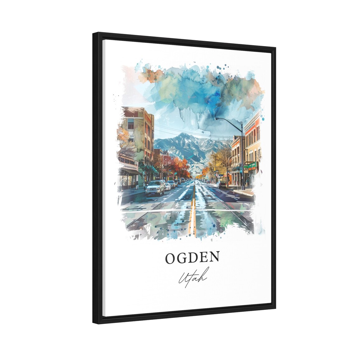 Ogden Utah Downtown Street Snowy Mountain Watercolor Cityscape Poster - Image 2