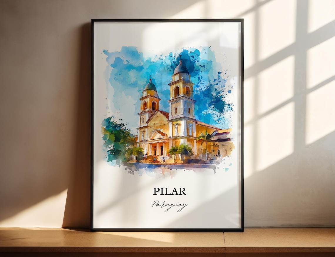 Pilar Paraguay Watercolor Twin Tower Church Landmark Art Poster