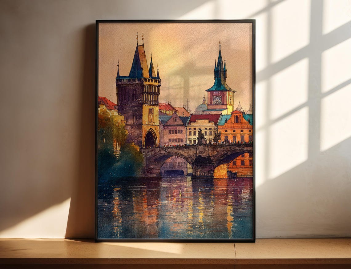 Prague Watercolor Art Travel Print Czech Republic Artwork Czechia Decor Skyline Wall