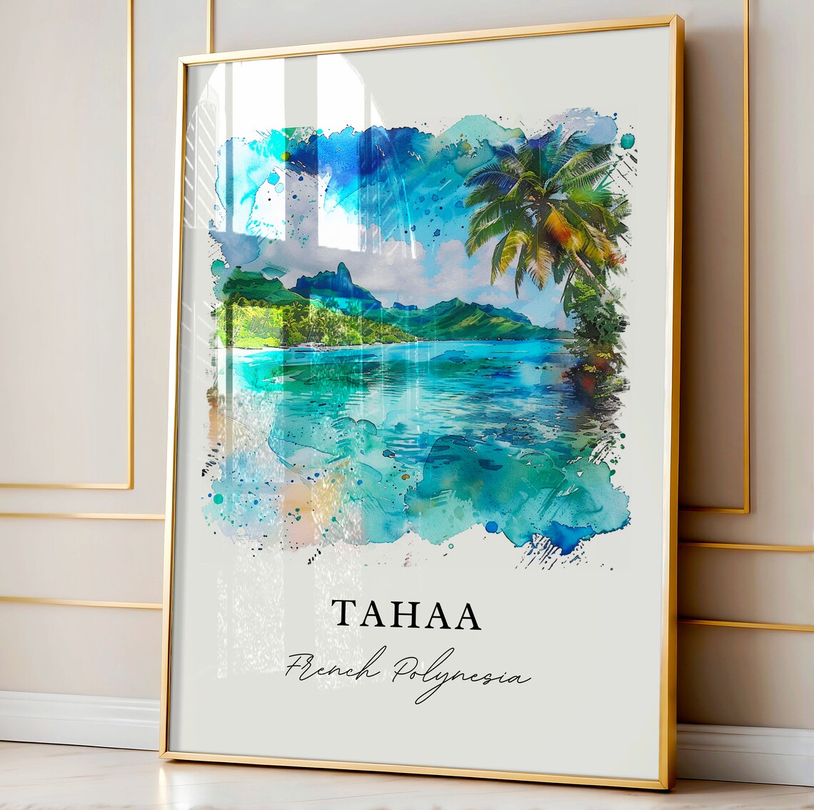 Tahaa French Polynesia Lagoon Palm Trees Watercolor Island Poster - Image 4