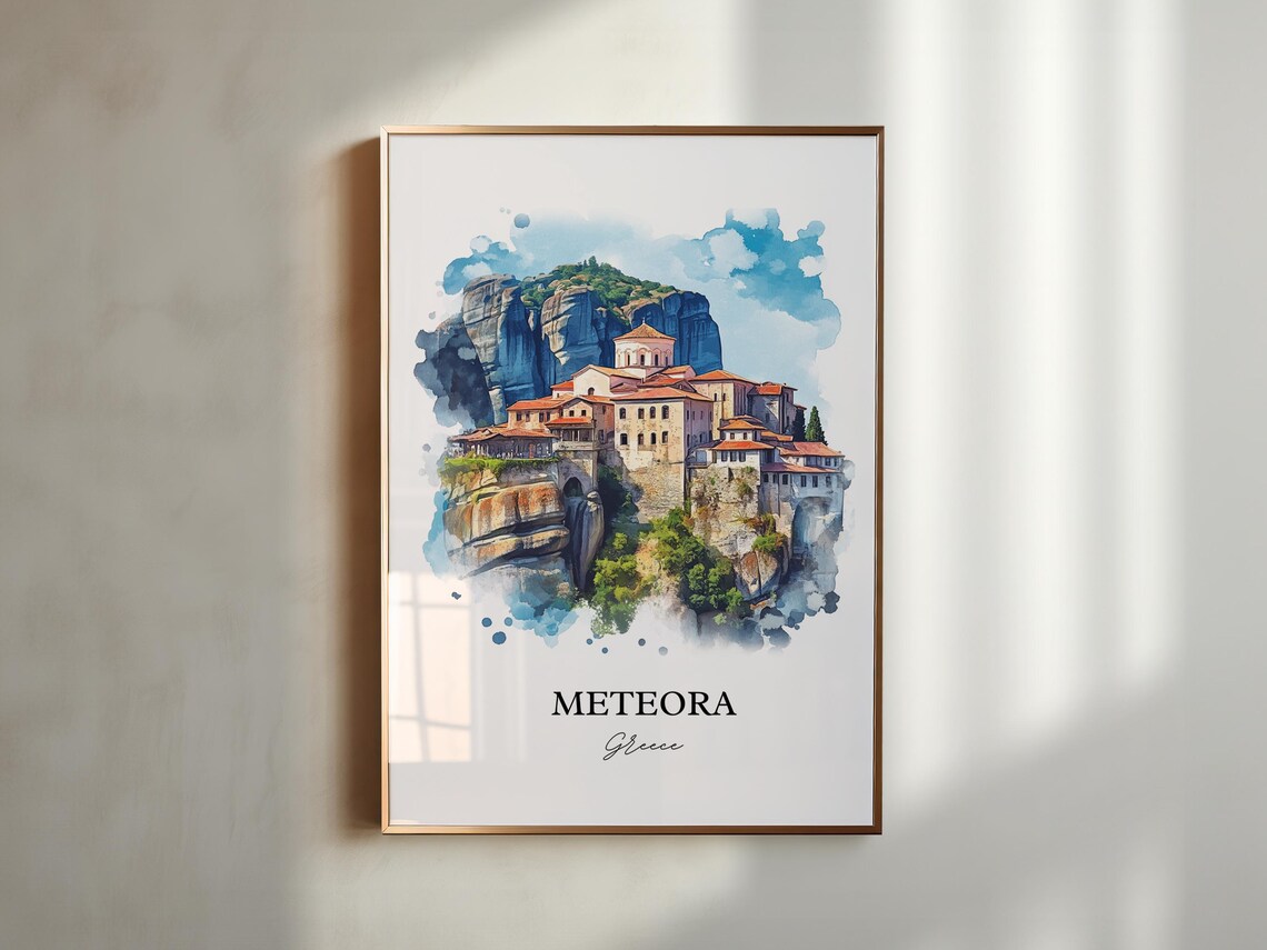 Meteora Greece Rock Pillar Monastery Watercolor Travel Poster - Image 4