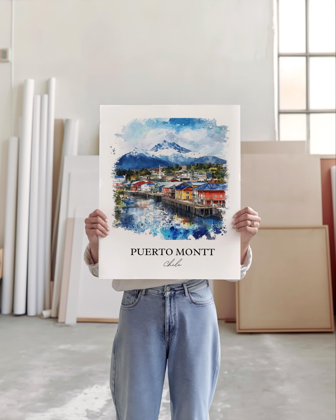 Puerto Montt Chile Watercolor Stilt Houses Snow Mountain Poster - Image 4