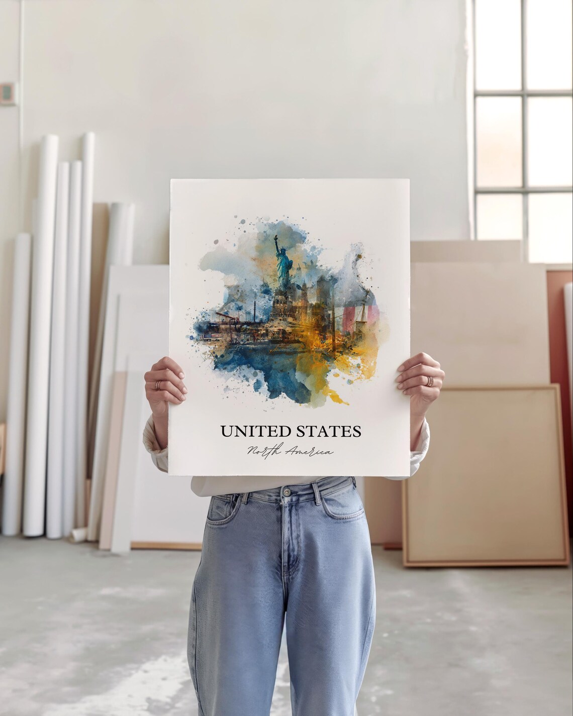United States Statue of Liberty Skyline Watercolor Art Poster - Image 3