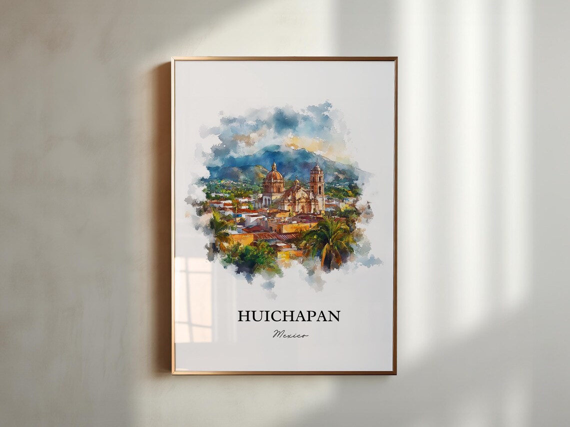Huichapan Mexico Domed Church Palm Trees Watercolor Scenic Poster - Image 5