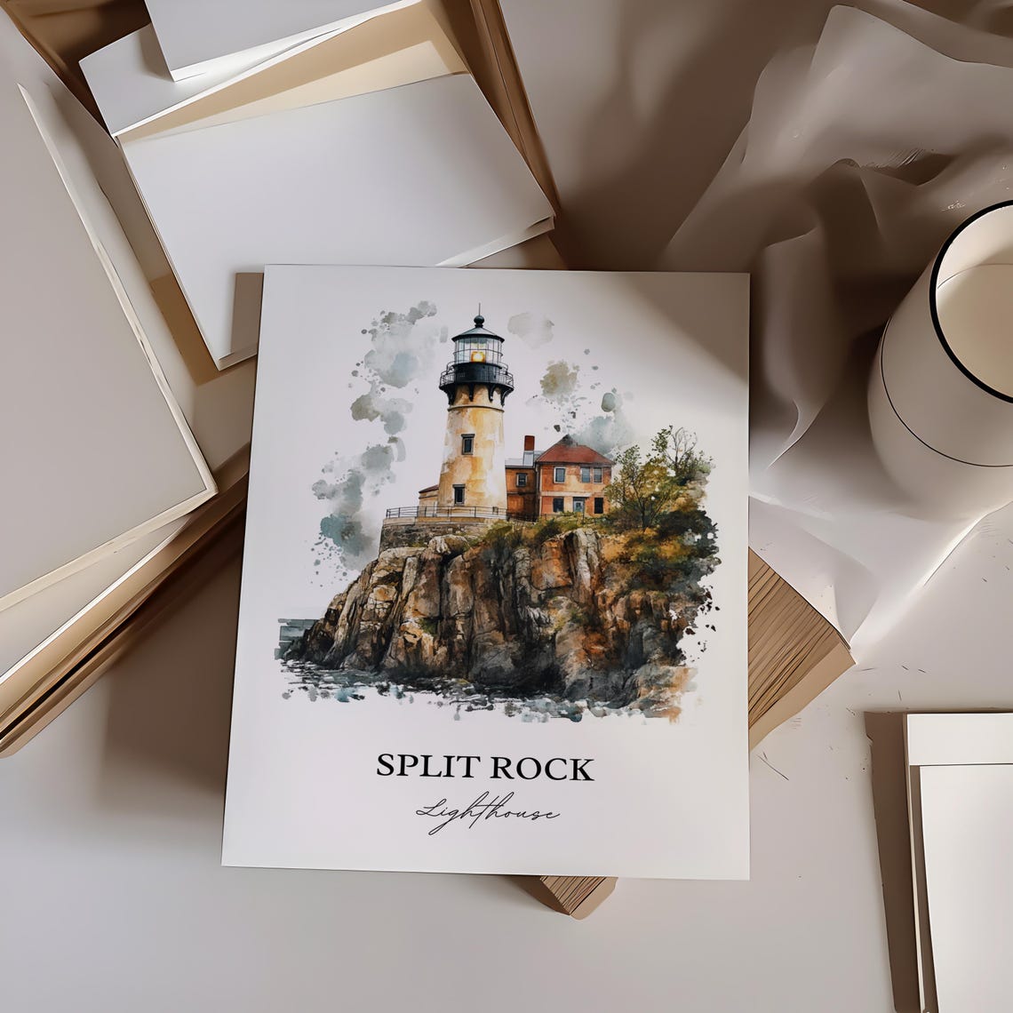 Split Rock Lighthouse Cliff Lake Superior Watercolor Art Poster - Image 3