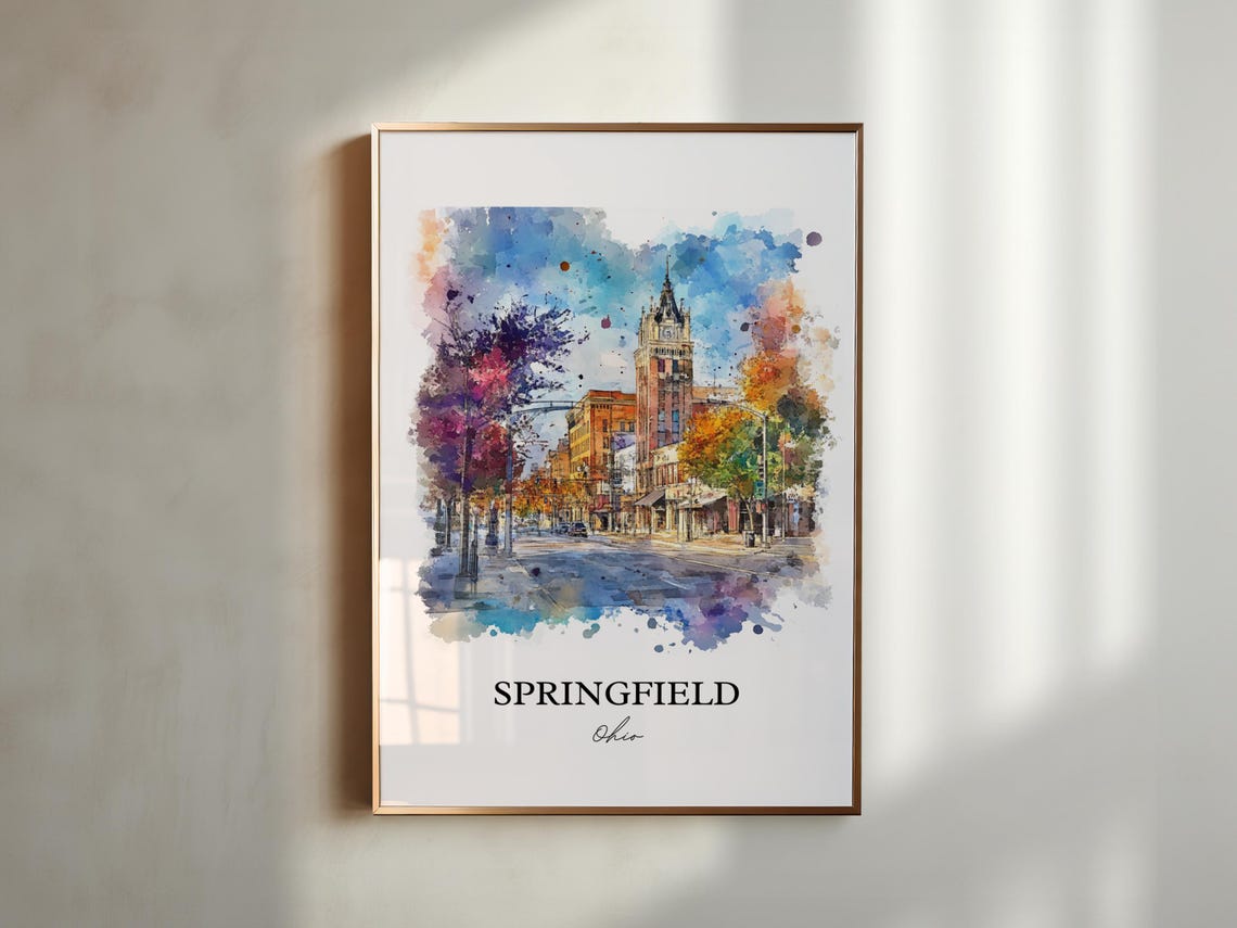 Springfield Ohio Watercolor Downtown Clock Tower Street Poster - Image 5