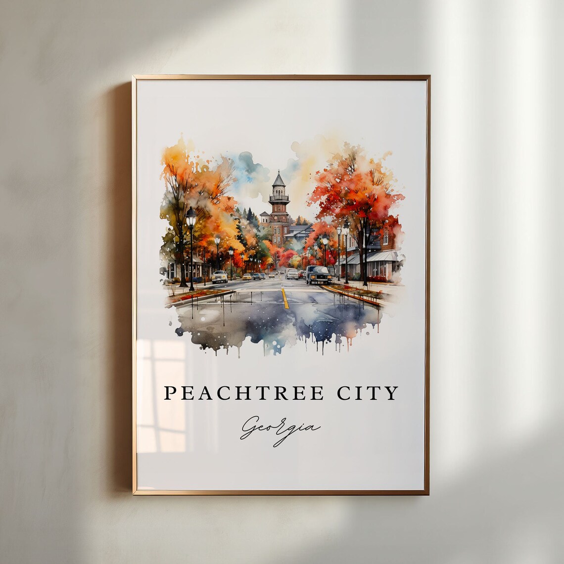 Peachtree City Georgia Watercolor Autumn Street Clock Tower Poster