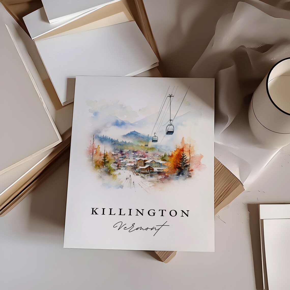 Killington Vermont Ski Village Gondola Watercolor Mountain Poster - Image 6