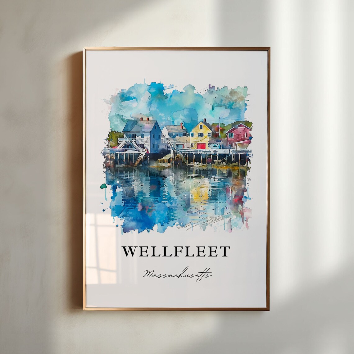 Wellfleet Massachusetts Watercolor Harbor Houses Scene Art Poster