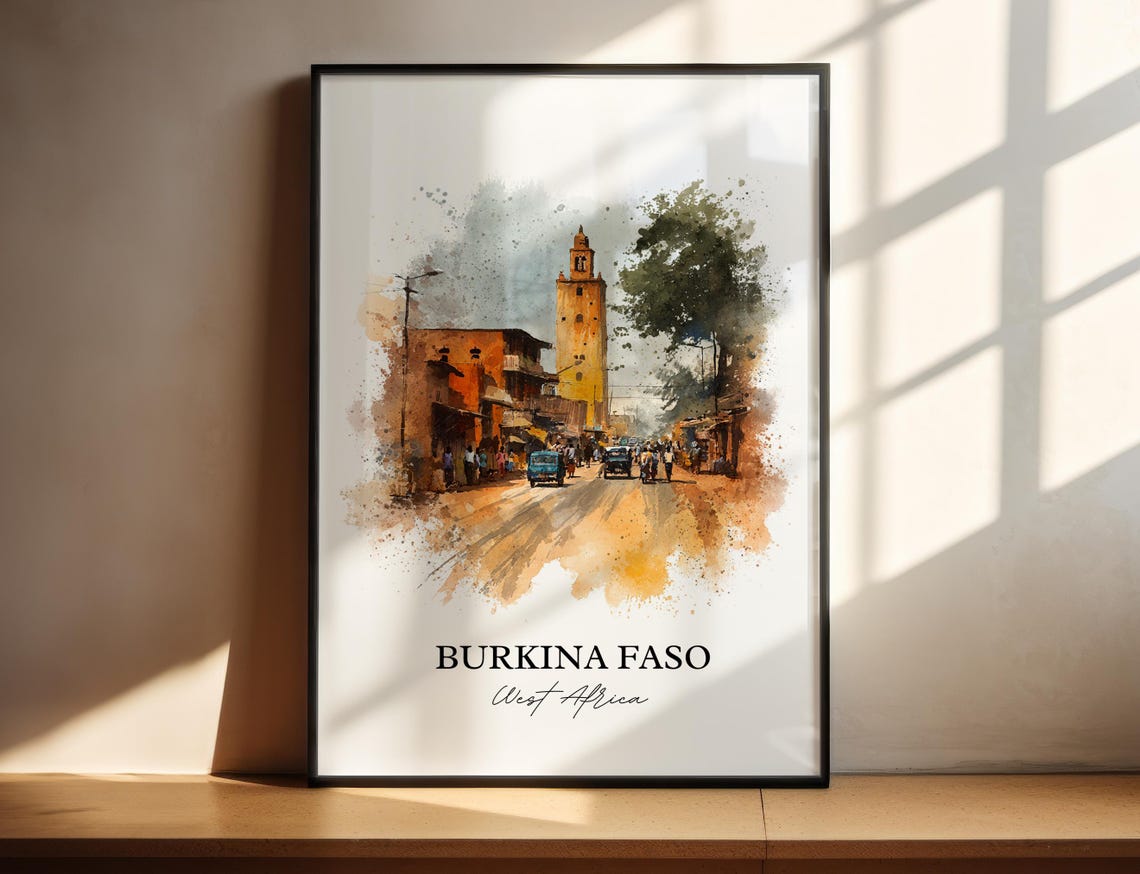 Burkina Faso West Africa Street Tower Watercolor Travel Poster