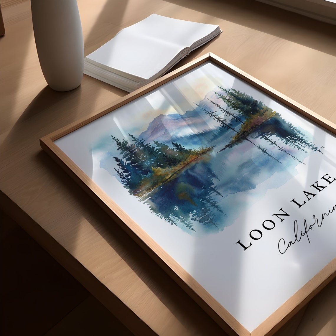Loon Lake California Pine Forest Mountain Reflection Watercolor Poster - Image 5