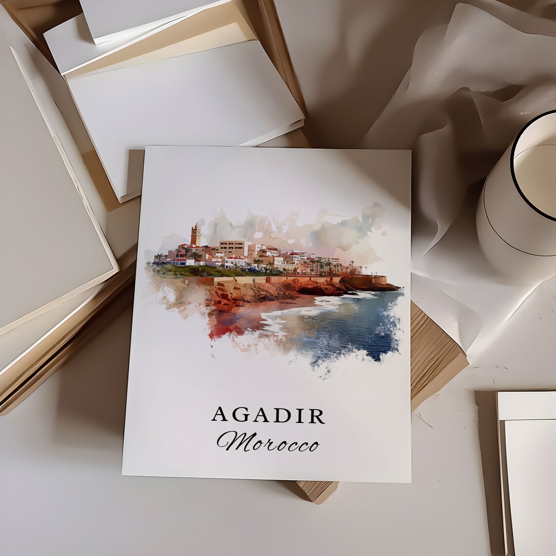 Agadir Morocco Cliffside Coastline City Watercolor Travel Poster - Image 6