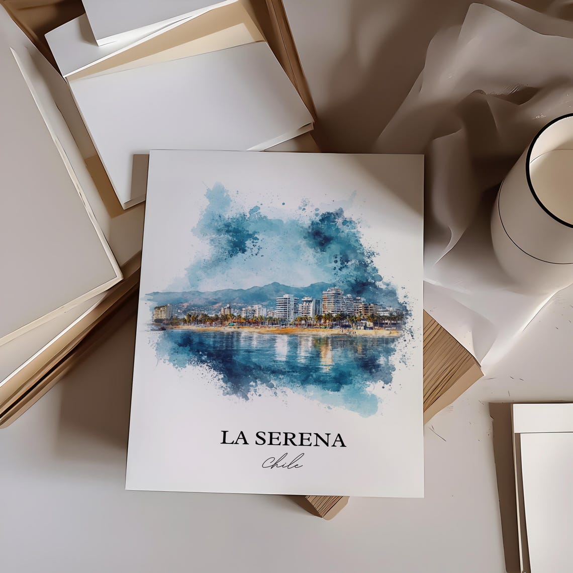 La Serena Chile Watercolor Bay Beach Mountain Coastline Poster - Image 2