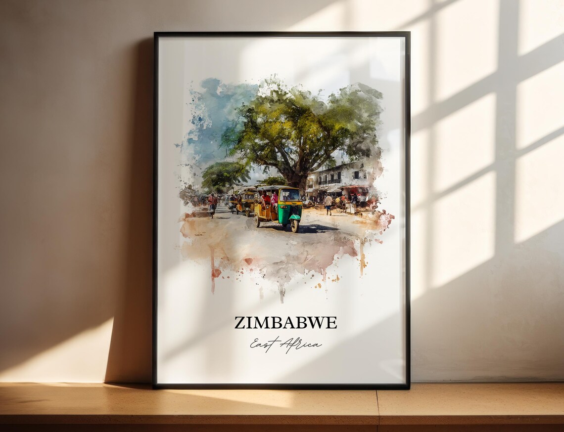 Zimbabwe East Africa Tuk Tuk Street Scene Watercolor Travel Poster