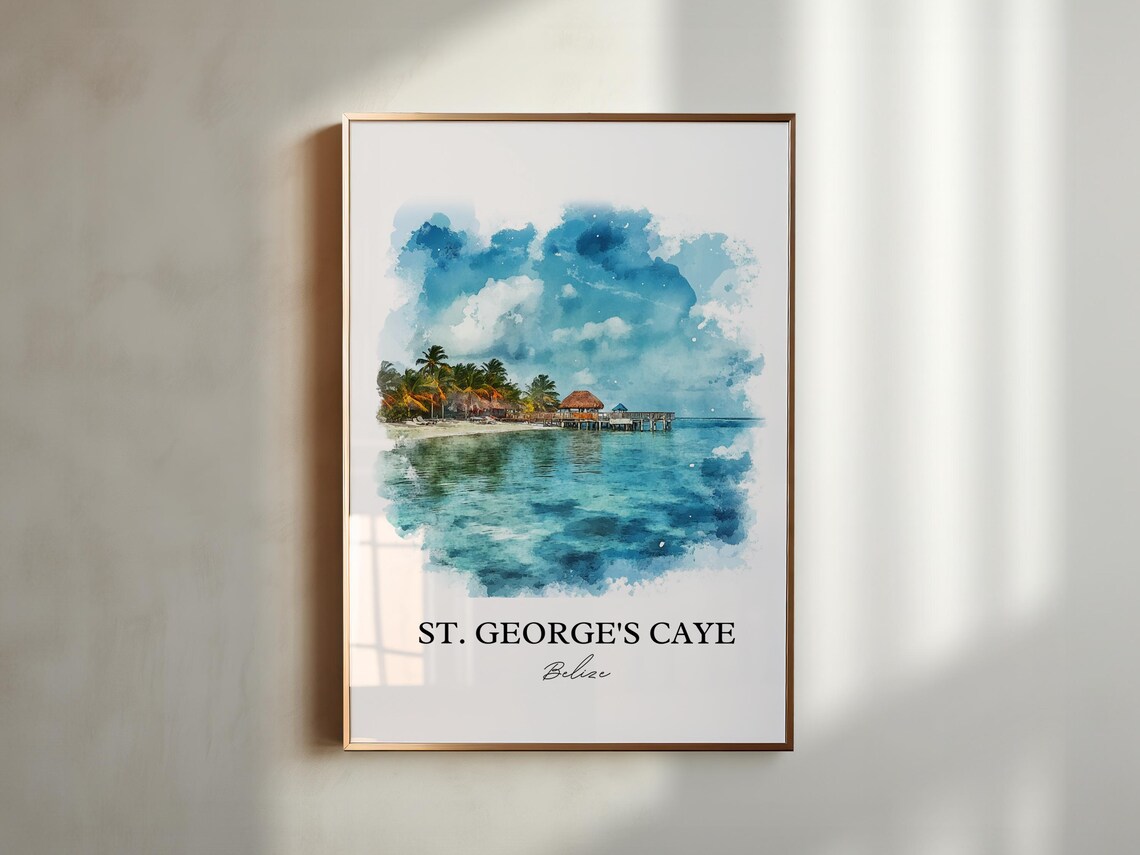 St Georges Caye Belize Beach Watercolor Tropical Ocean Scene Poster - Image 5