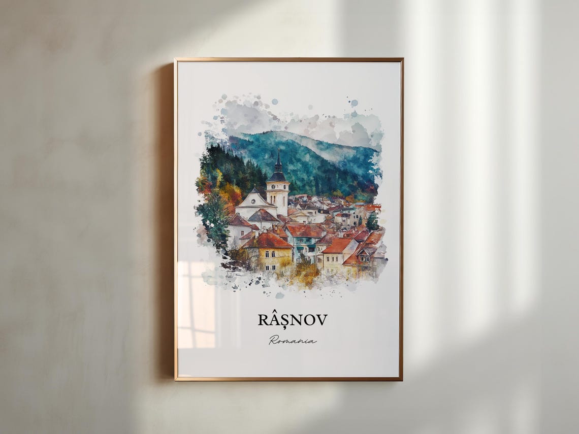 Rasnov Romania Watercolor Mountain Town Church Red Roofs View Poster - Image 4