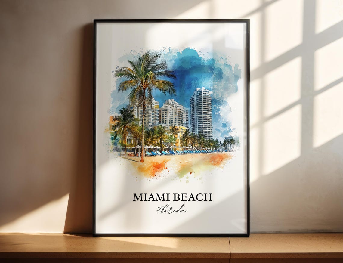 Miami Beach Florida Watercolor Palm Skyline Beach Scene Poster