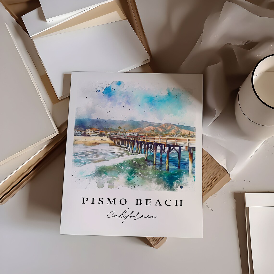 Pismo Beach California Pier Surf Watercolor Coastal Travel Art Poster - Image 6
