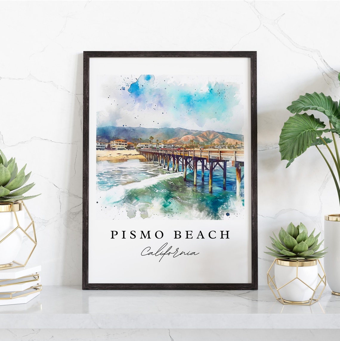 Pismo Beach California Pier Surf Watercolor Coastal Travel Art Poster - Image 3