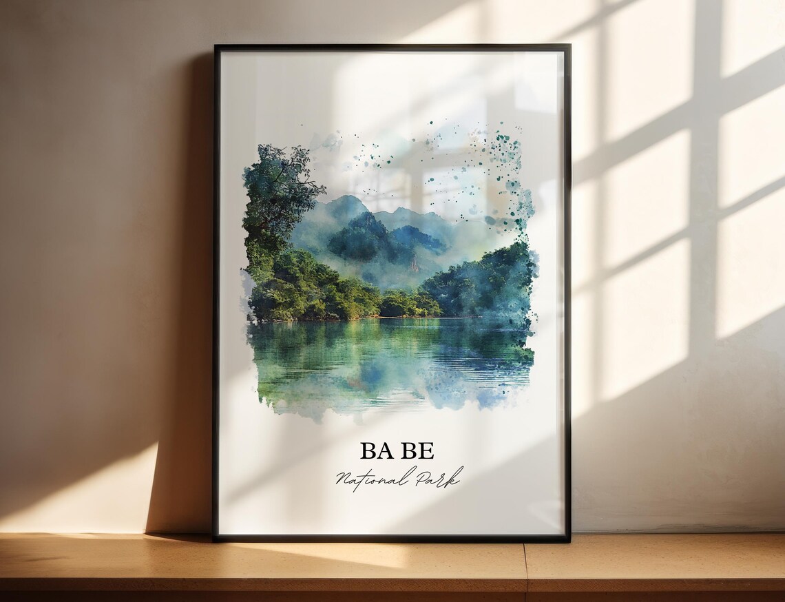 Ba Be National Park Vietnam Watercolor Art Misty Lake Forest Poster