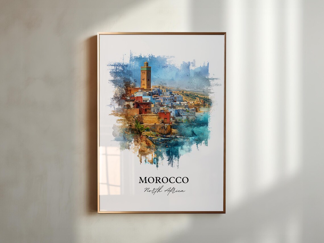 Morocco North Africa Ancient Minaret Old Town Watercolor Poster - Image 5