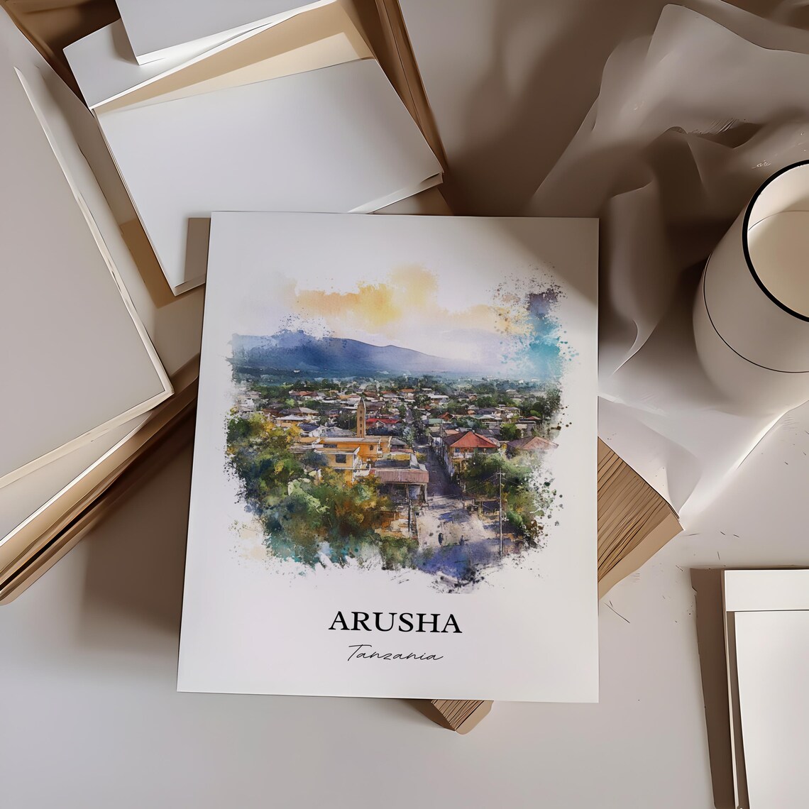 Arusha Tanzania Mountain Town Watercolor Travel Poster Gifts - Image 4