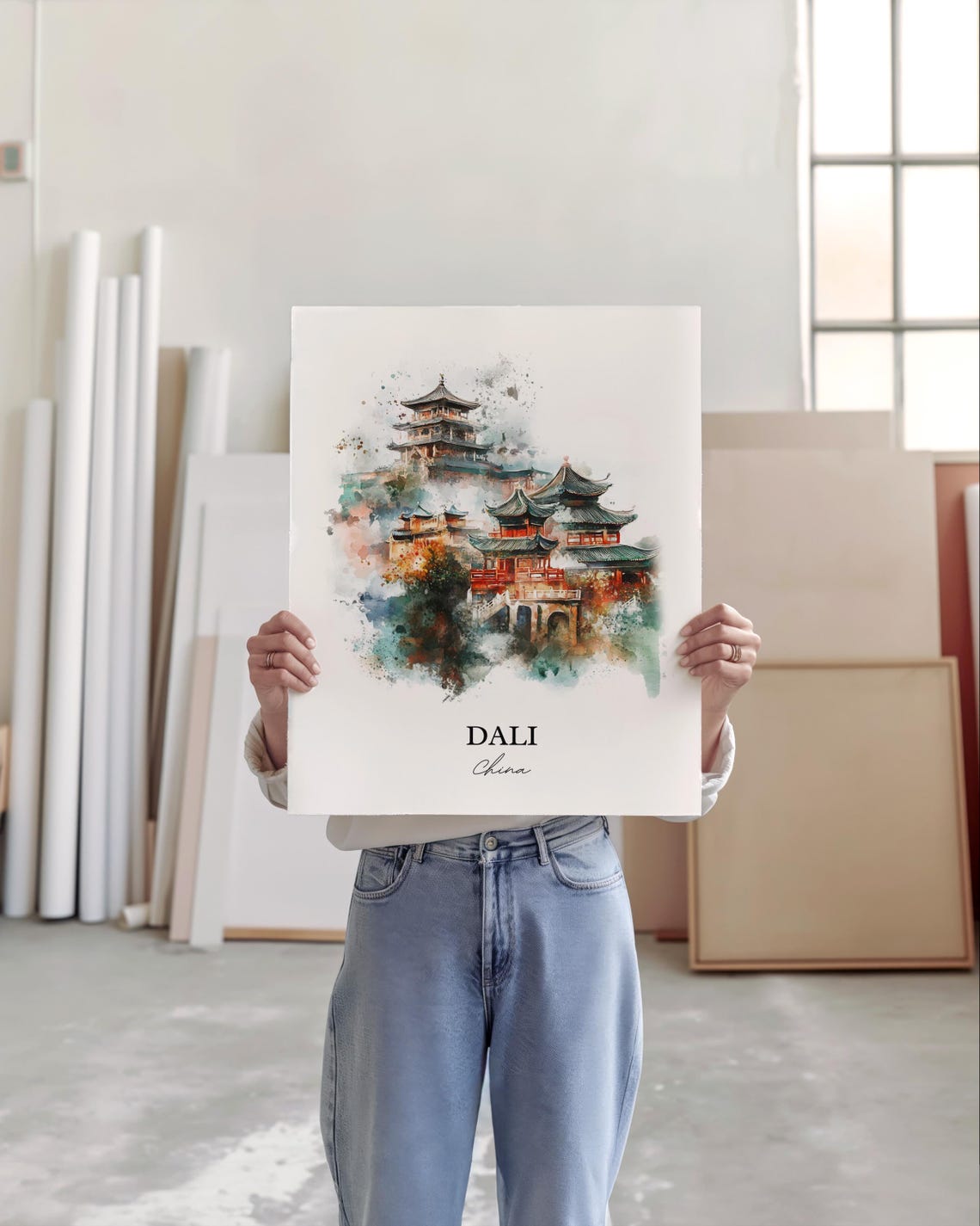 Dali China Watercolor Temple Pagoda Autumn Colors Art Poster - Image 5