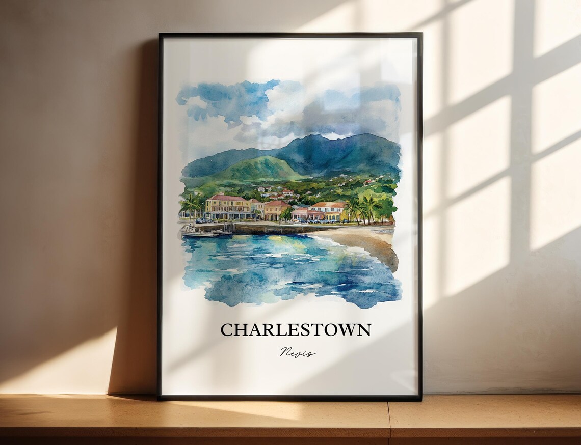 Charlestown Nevis Island Caribbean Harbor Watercolor Travel Poster