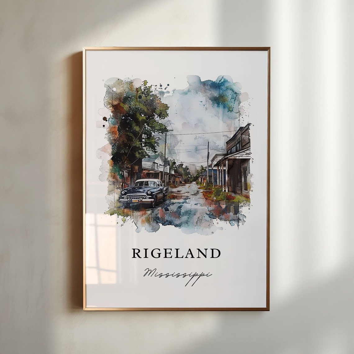Old Rigeland Mississippi Vintage Main Street Classic Car Poster