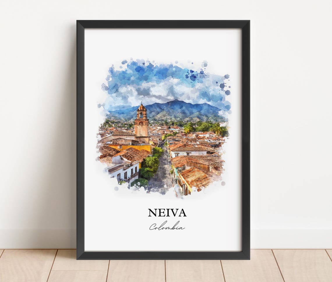 Neiva Colombia Watercolor Church Tower Rooftops Mountain Poster - Image 4