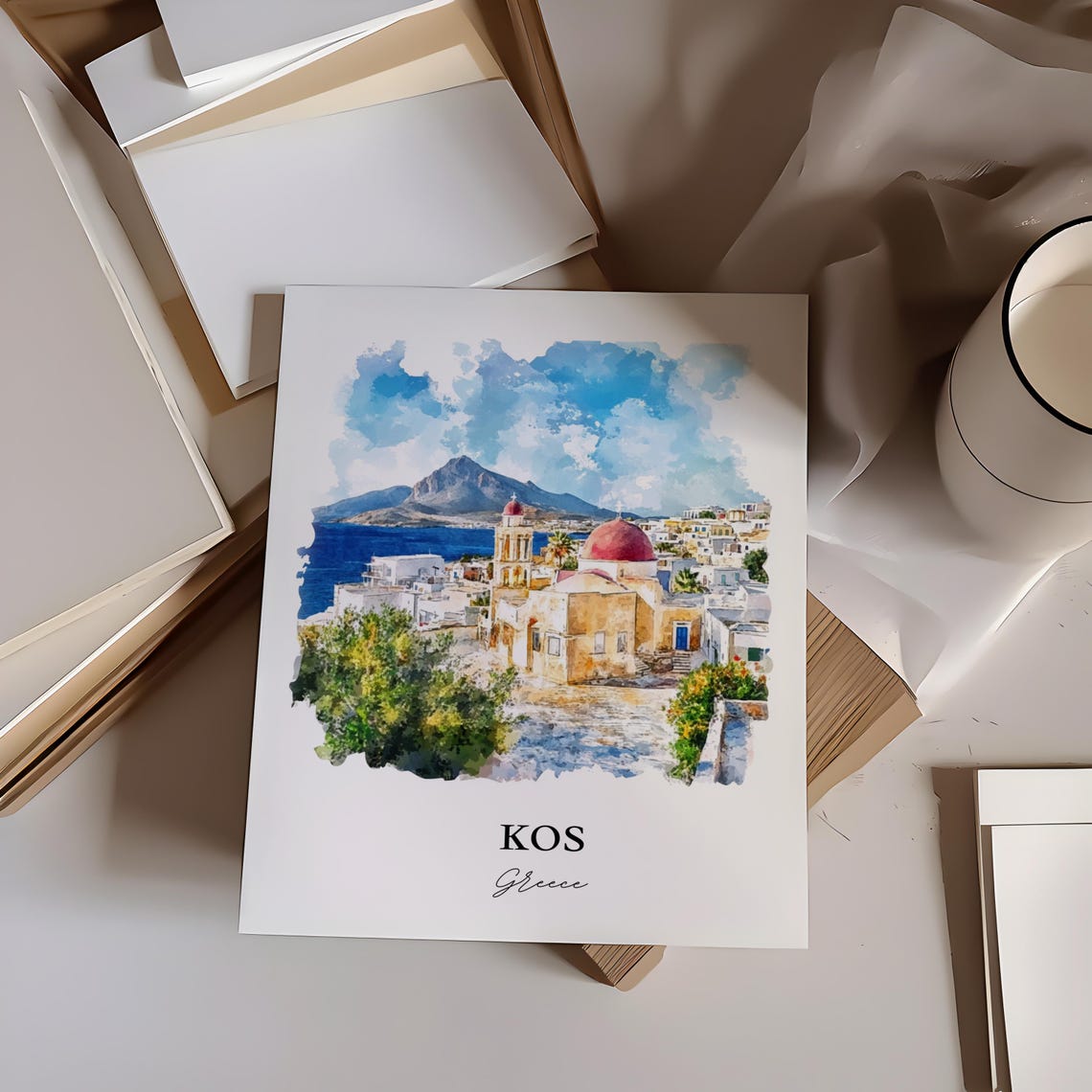 Kos Greece Island Whitewashed Town Dome Church Watercolor Poster - Image 3