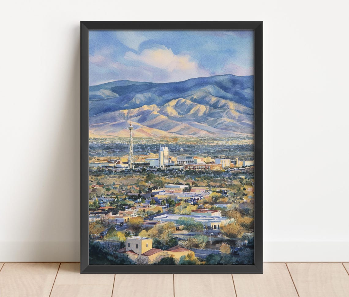 Albuquerque New Mexico Skyline Sandia Mountains Watercolor Wall Art