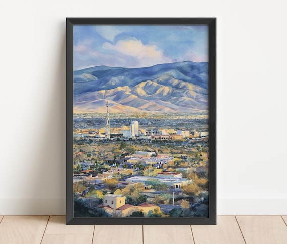 Albuquerque Watercolor Art Travel Print Nm Artwork New Mexico Decor Skyline Wall